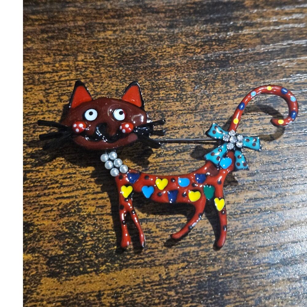 Fashion Jewelry Red Cat Brooch Multicolor Rhinestone Eclectic Grannycore NWT